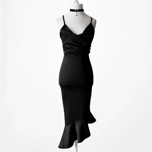 Black Cowl Neck Halter Bodycon Ruffle Midi Cocktail Formal Dress Size 2/XS